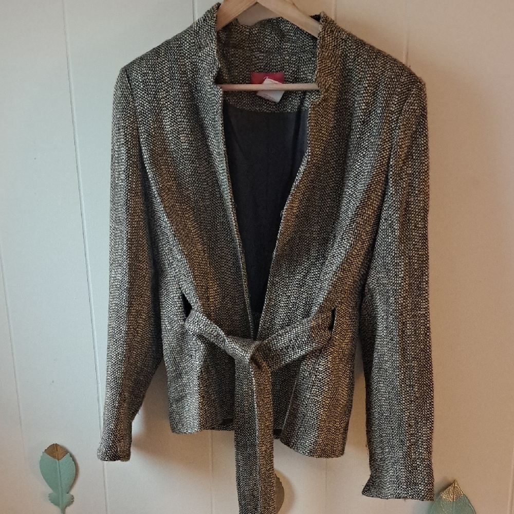 Oscar De la Renta Woven Tie-Waist Women's Jacket - Brown-Gray, Belt 8